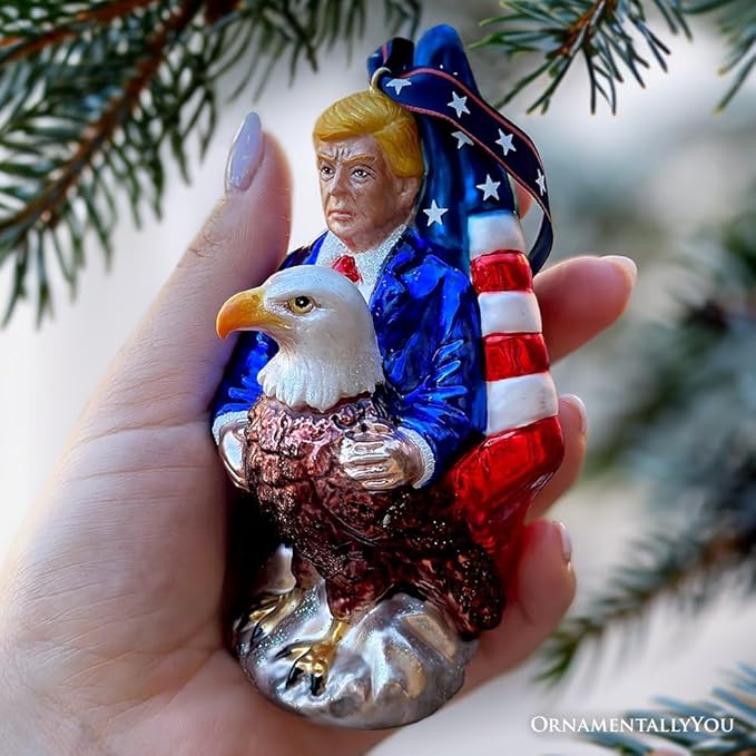 Exclusive Premium President Trump Glass Christmas Ornament, American Bald Eagle MAGA Tree Decor