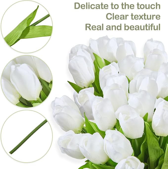 Artificial Flowers Mother's Day Easter Valentine's Day Gifts, Artificial Flowers Fake Tulips Flowers Home Kitchen Wedding Table Decorations a Bunch of 20 White Tulips