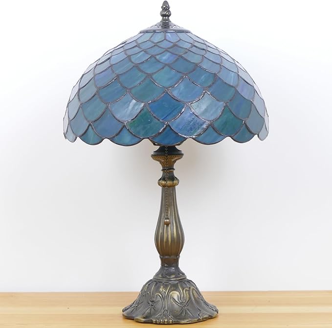 Tiffany Lamp Stained Glass Table Lamp Antique Bedside Reading Light W12H19 Inches (Fishscale Style)