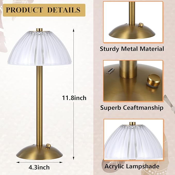Liliful 8 Pcs Cordless Table Lamp Rechargeable Touch LED Small Gold Portable Battery Operated USB-c Desk Lamp 3 Color Dimmable for Bedroom Living Room Dining (Gold,Mushroom Style)