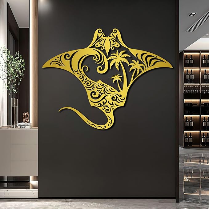 Stingray Metal Wall Art, Metal Palm Tree Wall Decor, Manta Ray Metal Wall Art, Nautical Decor, Sea Life Wall Art, Palm Tree Sign, Natural Wall Art, Metal Wall Decor for Bathroom (Black, 24"x18"/60x46cm, metal wall art)