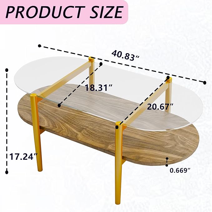Modern Oval Glass Coffee Tables, 2-Tier Mid Century Modern Center Table, Tempered Glass Tabletop & Golden Metal Frame, Living Room, Office