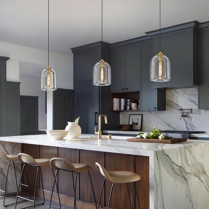 Crystal Pendant Light Kitchen Island: 5.1" Vintage Brass Hanging Lights above Dining Table - Modern K9 Crystals Lighting over Kitchen Sink - Luxury Gold Cylinder Pendants Light Fixtures Bulbs Included