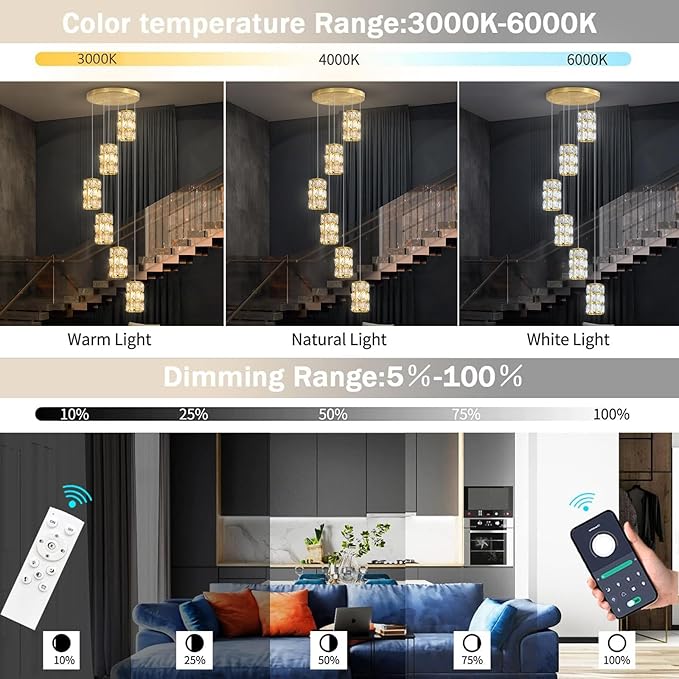 6-Lights Modern Crystal Pendant Lights for Kitchen Island LED Dimmable Glam Pendant Lighting Chandelier for Dining Room Hallway Corner Lamp Gold