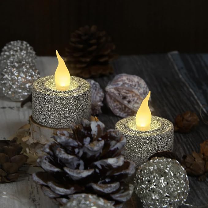 FURORA LIGHTING Silver Glitter LED Tealight Candles Pack of 12, Flameless Flickering Tealight Candles for Home Décor, 1.5’’(W) x 1.65’’(H), Battery Operated