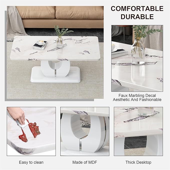 LKTART Rectangle Coffee Table for Living Room, Imitation Marble Coffee Tables with Storage, Modern Stable Base Accent Center Tea Table for Dining Room Small Space Apartment (43.3''L×22.4''H-White)