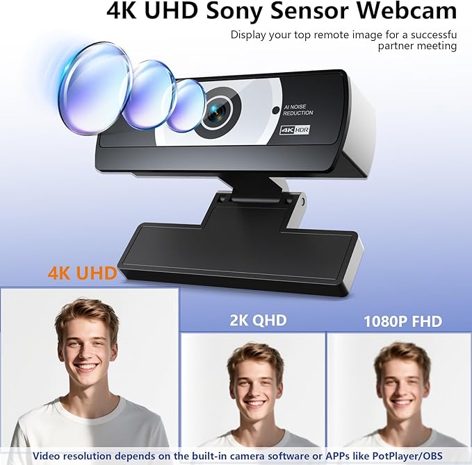 4K Webcam for PC - 4K Ultra HD Computer Camera with PDAF Autofocus, AI Noise-Canceling Mic, USB Plug & Play, 80° FOV & Auto Lighting Correction for Laptop & Desktop (Social Streaming Video Call)