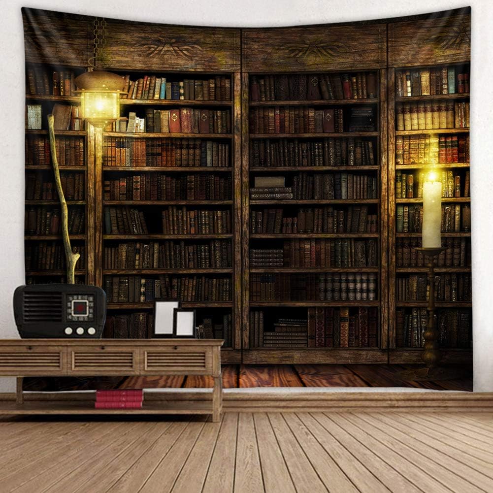 Vintage Bookshelf Tapestry Wall Hanging - Study Room Picture Art Tapestry Retro Bookshelf Wall Art Library Bohemian Hippie Large Wall Tapestries for Bedroom College Dorm Decor (Book, 59L51W)