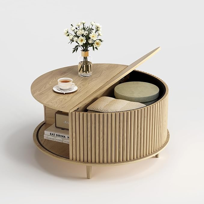 Round Coffee Table with Storage, 31.5" Modern Fluted Drum Coffee Table, Wood Circle Center Table with Sliding Doors & Hidden Compartment for Small Apartment Living Room,Oak