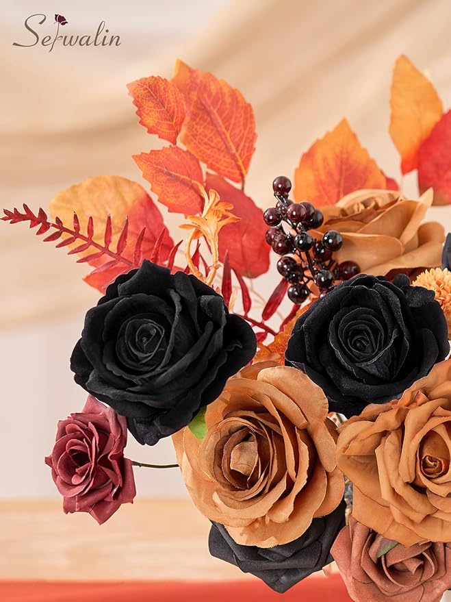 Serwalin Artificial Orange & Black Flowers, Silk Fake Flowers, Autumn Faux Flowers for Wedding Bouquet, Table Centerpieces, Home Decor