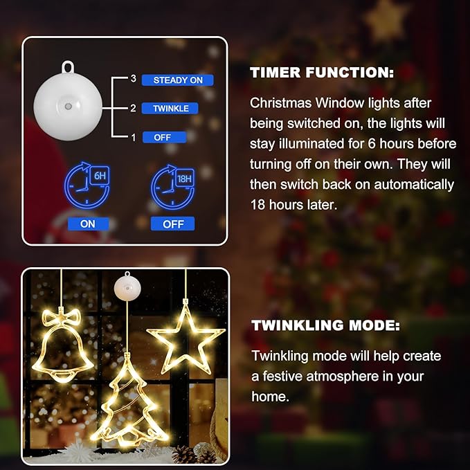 3Pack Christmas Window Lights Decorations with Timer, Battery Powered Hanging Warm White Lighted Tree Bell Star Shaped LED Sucker for Xmas Tree Fireplace Indoor Decor
