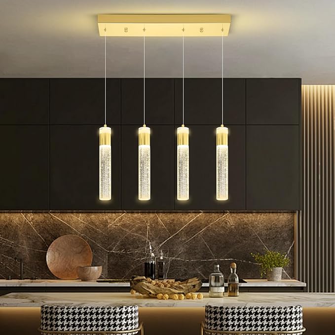 4-Light Crystal Column Chandelier Crystal Pendant Light Kitchen Island Modern Dimmable LED Ceiling Light for Dinning Room Living Room 32W Gold