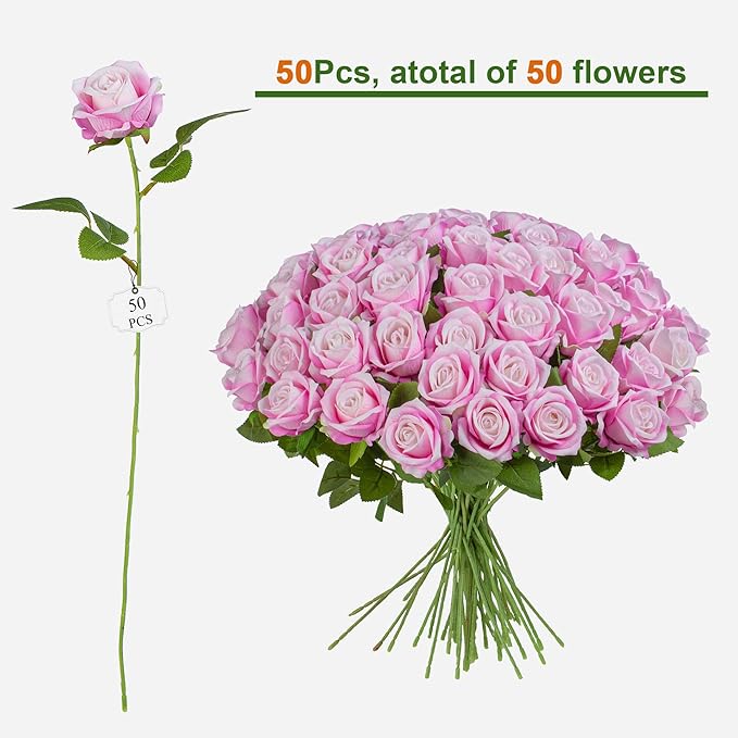 Artificial Flowers Roses Touch Fake Rose Bouquet Flower Stem Fo Wedding Centerpieces DIY Wreath Home Decorations Silk Roses Fo Mothers Party Fake Outdoor Flowers Decor 19.6"(Deep Pink 50PCS)
