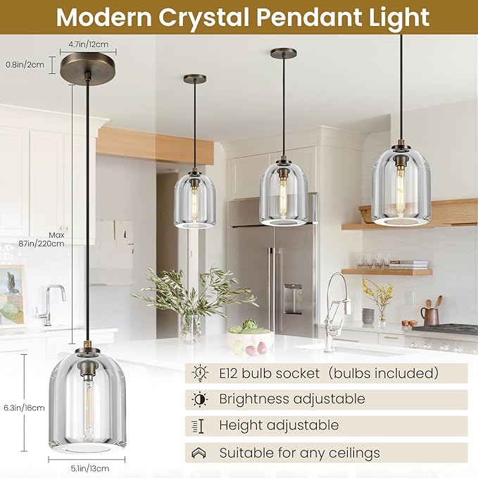 Crystal Pendant Light Kitchen Island: Set of 2 Vintage Brass Hanging Lights above Dining Table - 5.1" K9 Crystals Lighting over Kitchen Sink - Luxury Cylinder Pendants Light Fixtures Bulbs Included