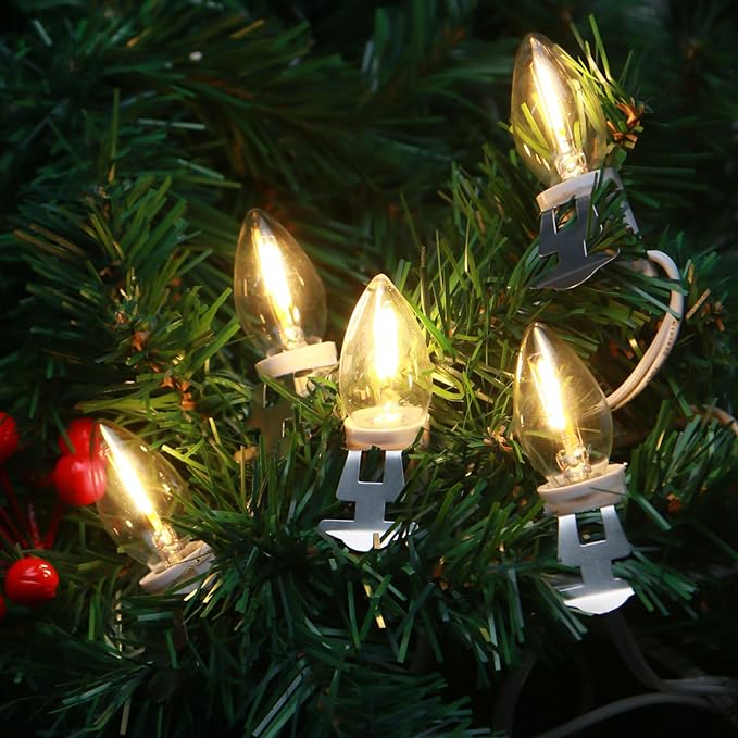 2Pack Accessory Cord with 16 LED Light Bulbs and Outlet Christmas Village Light 14.7FT White Cord with Spare Fuse Warm White C7 Lamp for Halloween Pumpkins Christmas Village Houses Craft Decoration
