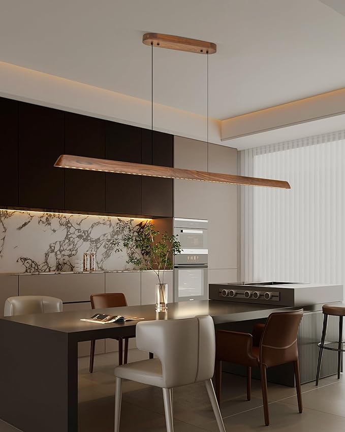 70" Wood Linear Pendant Light, Dimmable Kitchen Island Lighting with Remote, 30W LED Island Lights for Kitchen, Adjustable Linear Chandelier for Dinning Room Light Fixture, Bar, Pool Table - Walnut
