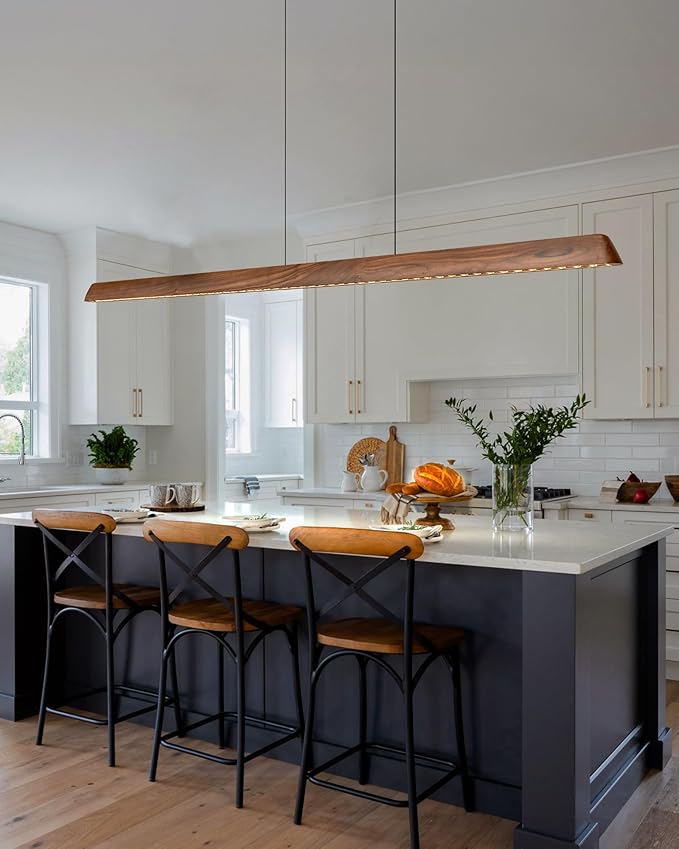 57" Wood Linear Pendant Light, Dimmable Kitchen Island Lighting with Remote, 30W LED Island Lights for Kitchen, Adjustable Linear Chandelier for Dinning Room Light Fixture, Bar, Pool Table Light