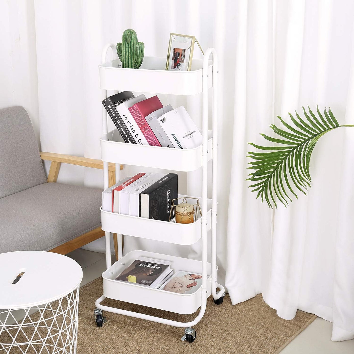 Melody House 4-Tier Metal Mesh Utility Rolling Cart Storage Organizer Shelf Rack with Lockable Wheels for Living Room Kitchen Office, White