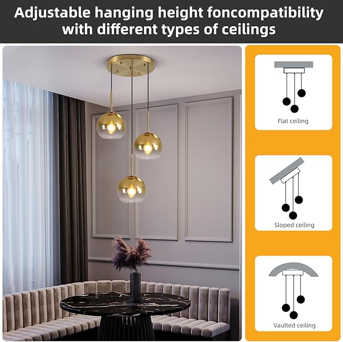 Mikeru Modern Gold Glass Chandelier, 3 Light Cluster Pendant Light Fixtures Kitchen Island Lighting Kitchen Island Pendant Lighting Hanging Lights Multi Light Large Pendant Lighting（Without Bulb）