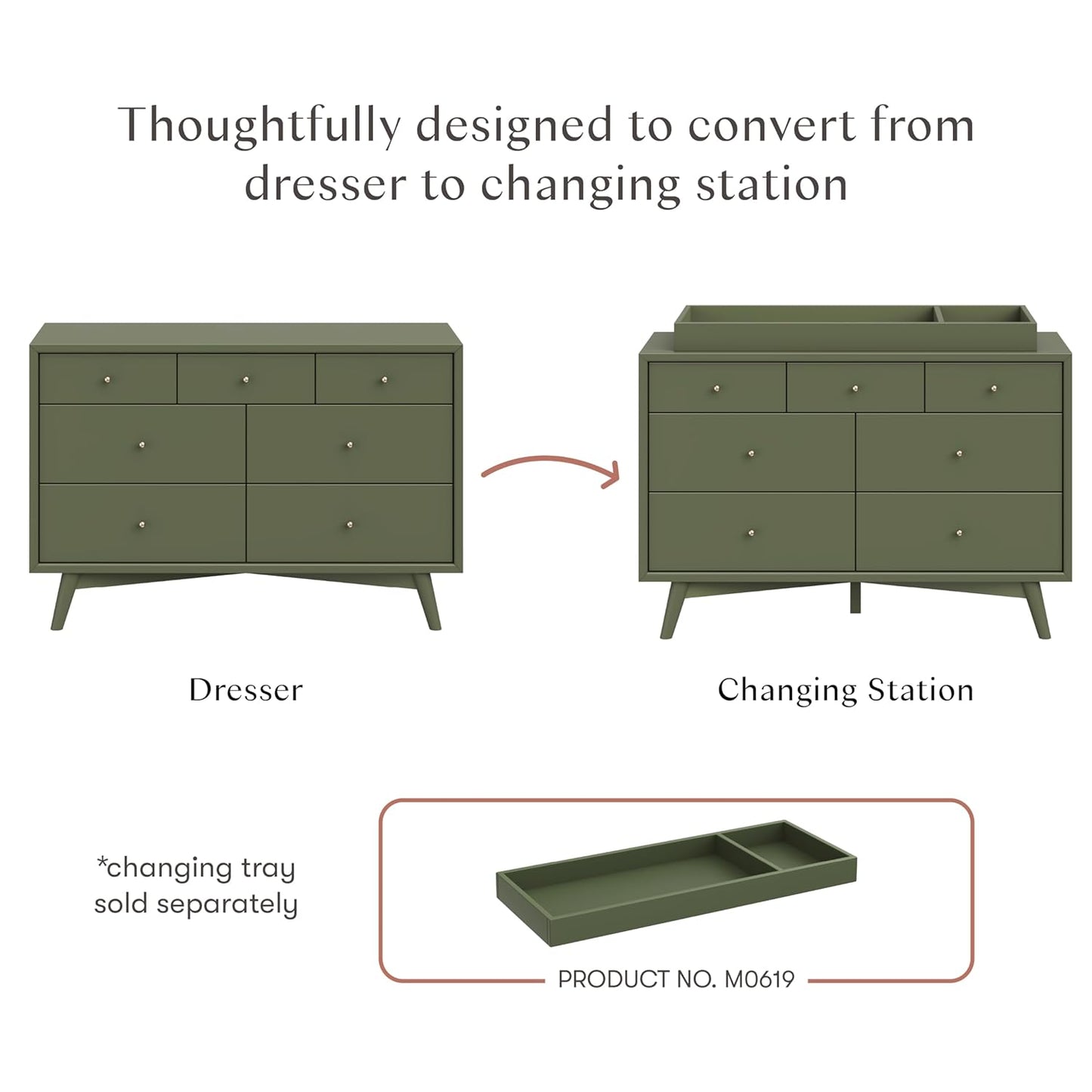 Babyletto Palma 7-Drawer Baby Dresser for Nursery - GREENGUARD Gold Certified - Assembled Chest of Drawers for Kids, Boys & Girls - Multi-Purpose Storage Dresser for Bedroom, Living Room, Olive Green