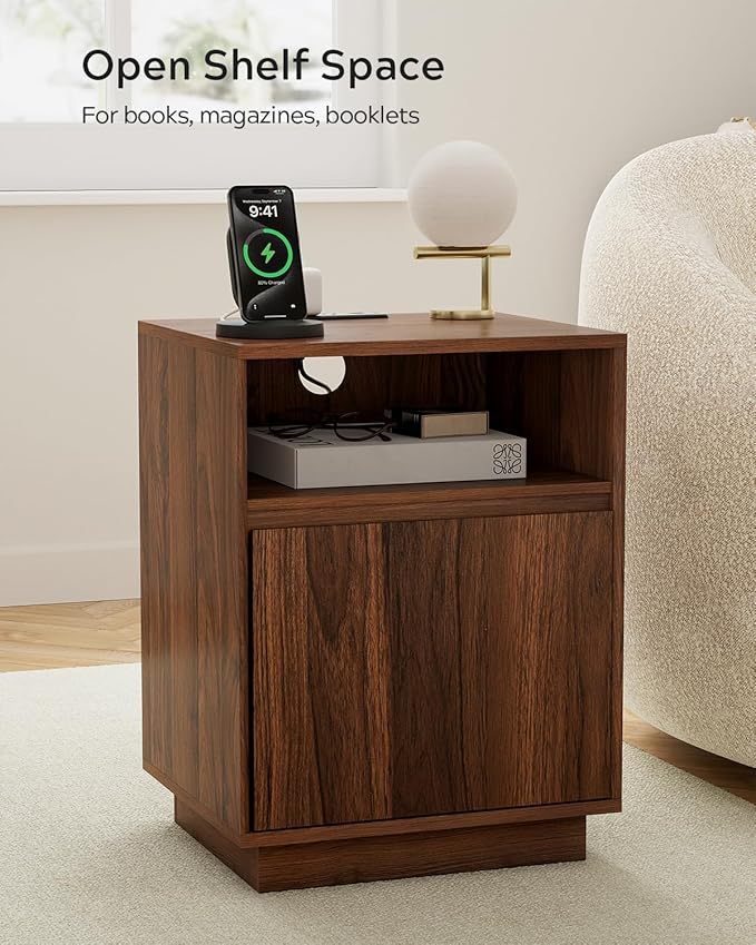 Farmhouse Nightstand with Door, Wood Storage End Table with Charging Station & Open Shelf, Bedside End Tables for Bedroom, Sofa, Brown