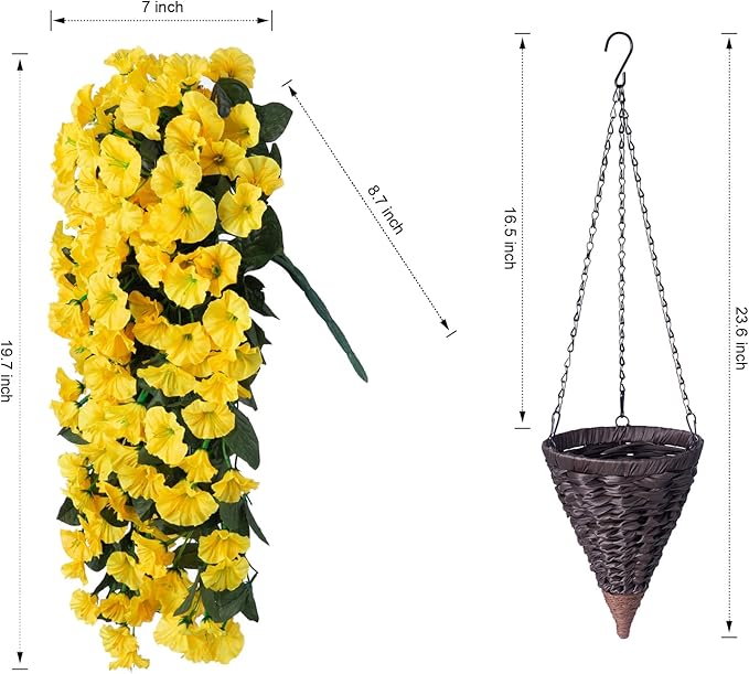 HyeFlora Artificial Fake Hanging Flowers Plants Baskets for Outdoor Outside, Faux Silk Yellow Morning Glory Flowers UV Resistant Look Real Hanging Planter for Home Porch Patio Balcony Yard Decor