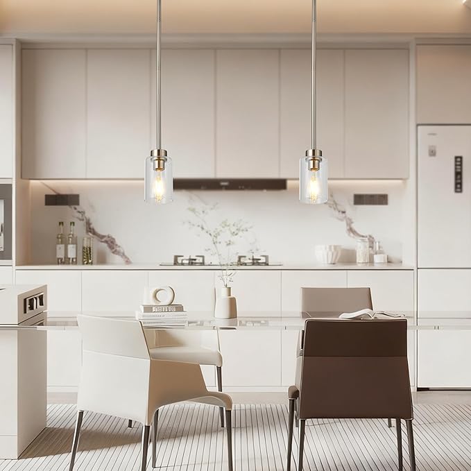Modern Black Farmhouse Clear Glass Cylinder Pendant Light Fixture,Brushed Nickel Ceiling Hanging Metal Industrial Mini Pendant Lighting for Kitchen Island Dining Table Bedroom Hallway Foyer