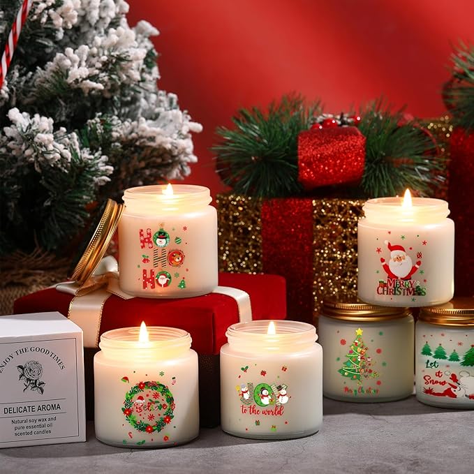 6 Pcs Christmas Scented Candle Gift Set Bulk 3.5 oz Palm Wax Jar Candles for Home Xmas Holiday Winter Merry Christmas Cute Small Gift Stocking Stuffers for Women Men, 6 Scents