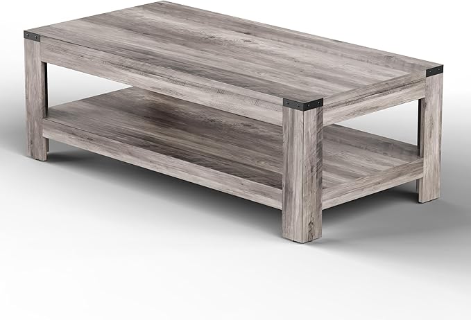 Farmhouse Coffee Table, Modern Rustic Wooden Center Table with Storage, Living Room Tables, 2-Tier Industrial Cocktail Tea Table for Living Room (Wash Gray, 47.2 in)