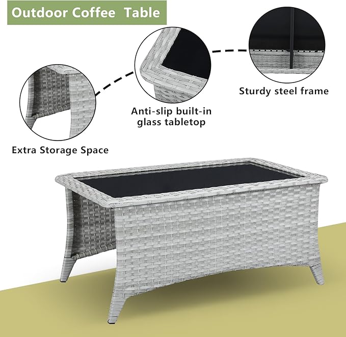 Rilyson Patio Tables Wicker Coffee Table - Outdoor Rattan Coffee Tables with Glass Top for Patio Proch Deck Balcony Rectangle Light Grey