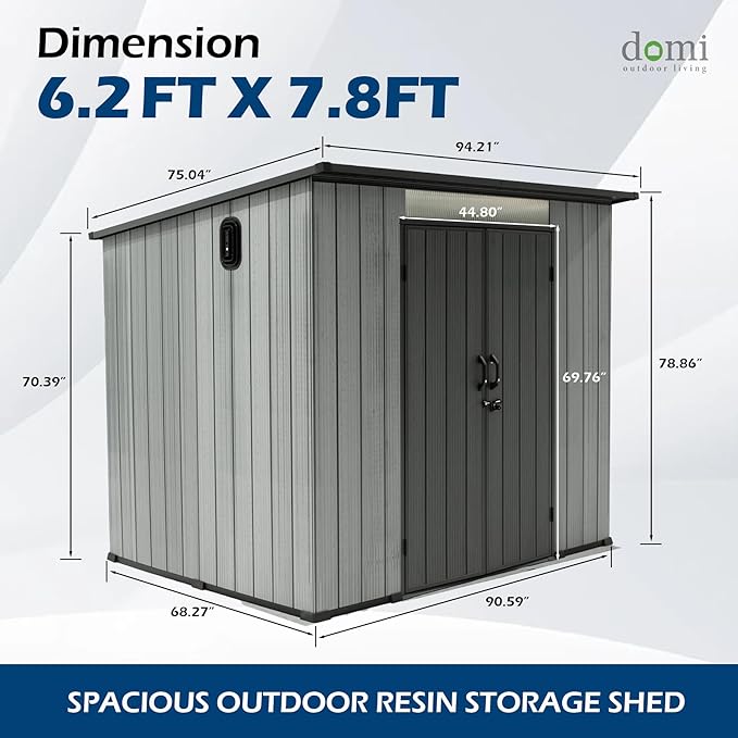 Domi 6x8FT Lean to Resin Shed, Plastic Outdoor Storage Shed with Carpet, Outside Storage Building for Garden Tools, Bike, Lawn Mower, Yard