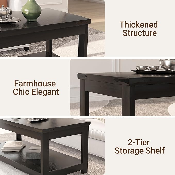 Homieasy Coffee Table with Storage Shelf, 43.3” Farmhouse Wood Coffee Tables for Living Room, Modern Center Tea Table, Black