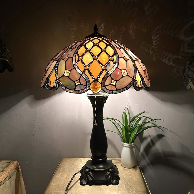 Bieye L10818 Baroque Tiffany Style Stained Glass Table Lamp, Antique Lamp Base for Living Room Bedside Home Decoration, 16 x 24 inches