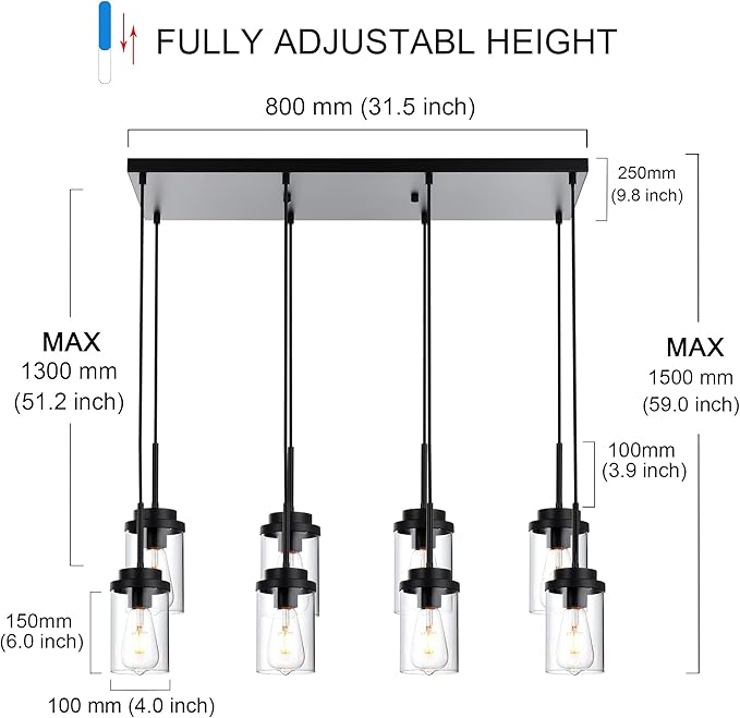 MELUCEE 8 Lights Linear Chandelier Lighting Black Island Light for Kitchen, 31.5 Inches Cluster Pendant Light Fixtures Hanging Foyer Lighting Dining Room Lights with Clear Glass Shade