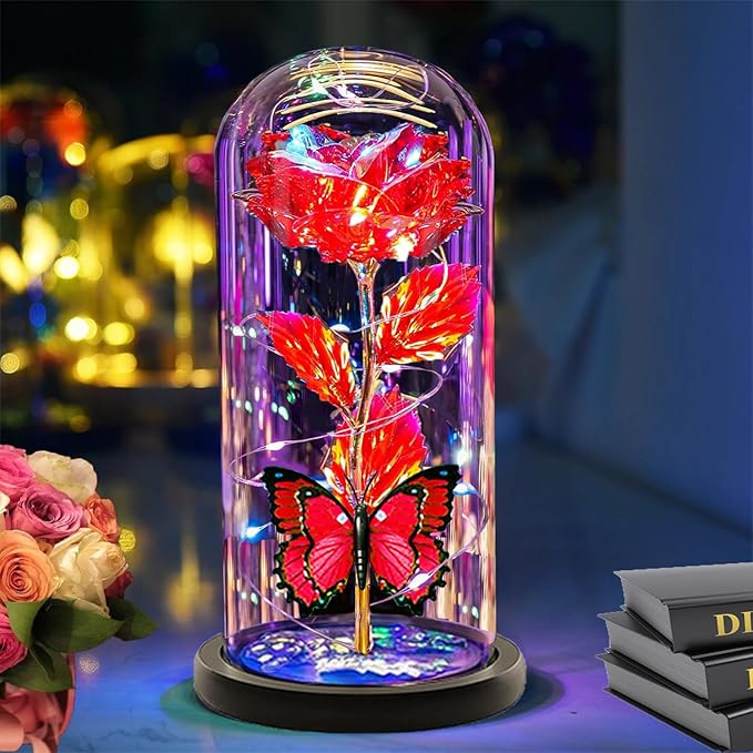 Christmas Flowers Gifts for her Women Mom Wife,Womens Gifts for Christmas, Rose Flowers Gift Light Up Rose in Glass Dome,Birthday Gifts for Woman（Red）
