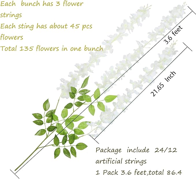 U'Artlines 12 Pack(Total 43.2 Feet) Artificial Fake Wisteria Vine Rattan Hanging Garland Silk Flowers String Home Party Wedding Decor (12, White)