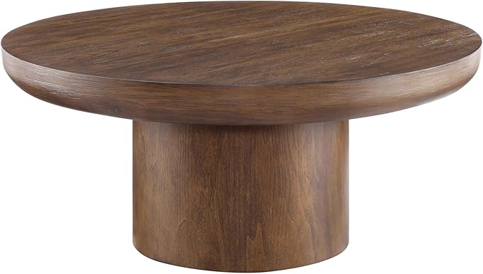36" Round Coffee Table Solid Wood Coffee Table for Living Room Rustic Retro Circle Coffee Table Pedestal Center Table for Apartment, Easy Assembly (Dark Brown)