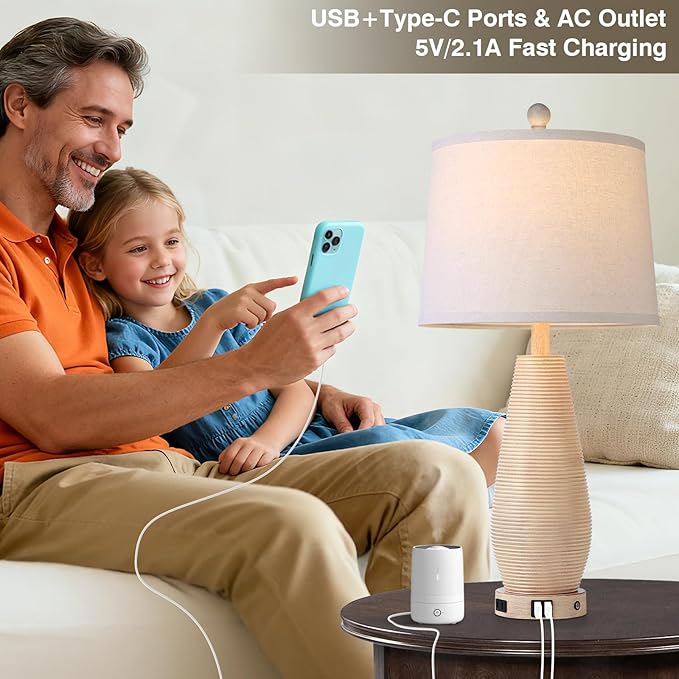 Farmhouse Table Lamps Set of 2 with USB C+A Ports and AC Outlet, 3 Way Touch Rustic Bedside Lamps for Living Room, 26.5" Cream Vintage Lamps for Bedroom Nightstand