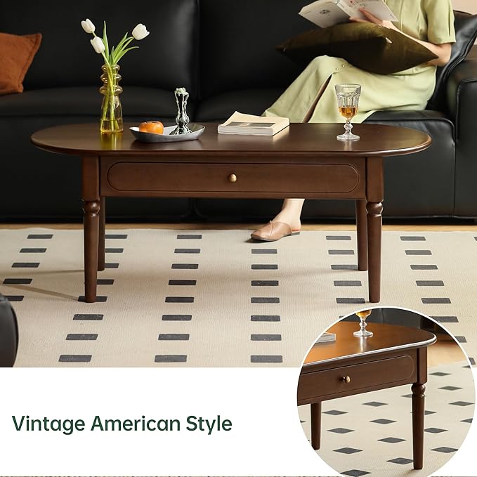 100% Solid Wood Vintage Coffee Table with Drawers, Mid Century Modern Table with Storage, Farmhouse Wooden Coffee Table for Living Room (Walnut Color)