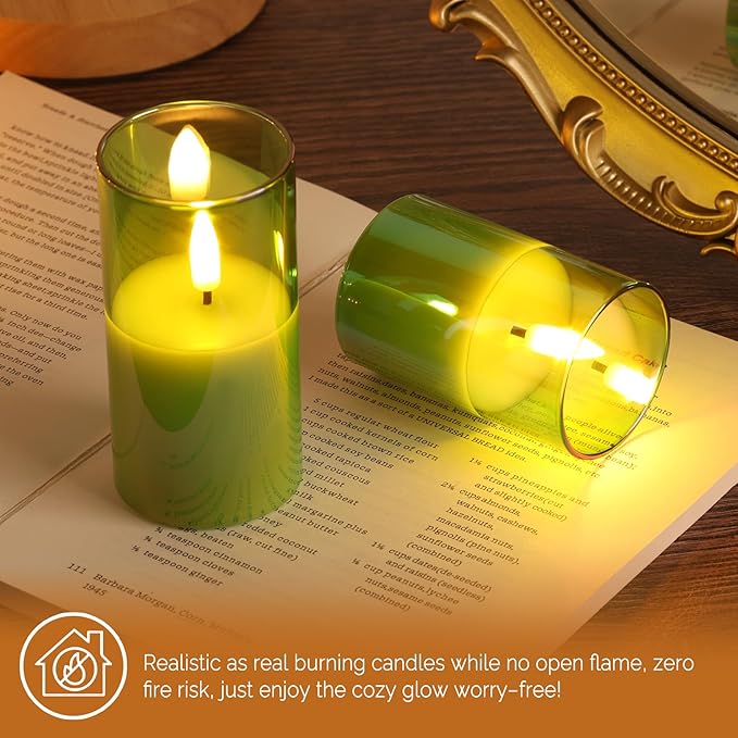 Green Christmas Glass Flameless Candles with Remote Batteries, Flickering Slim Tall LED Pillar Candles Set of 5