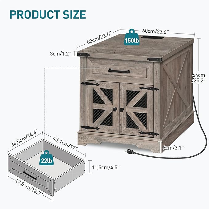 Farmhouse End Table Set of 2, 24" Large Sofa Side Table with Drawer, Large End Table for Living Room, Wooden Nightstand with Charging Station, Square, Greige
