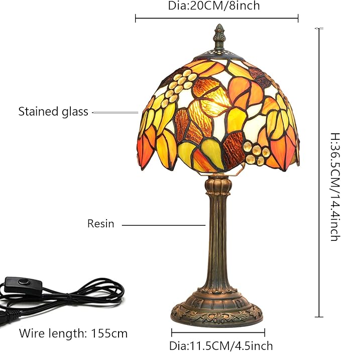 Tiffany Stained Glass Table Lamp Orange Grape Bedroom Bedside Reading Desk Light for Office Dormitory Bar Decorate Retro Style Unique Cute Accent Decor Cottage 8" Village Nightstand Lamps