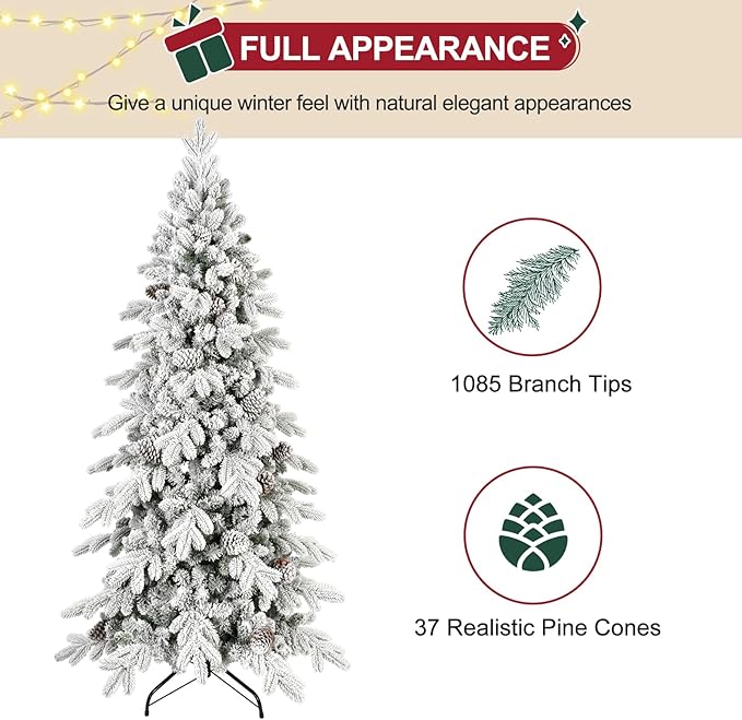 6.5 FT Snow Flocked Slim Fir Christmas Tree with 1085 PE & PVC Mixed Branch Tips,Unlit Artificial Skinny Pencil Xmas Tree with 37 Pine Cones,Hinged Premium Xmas Trees for Home,Office,Party Decoration
