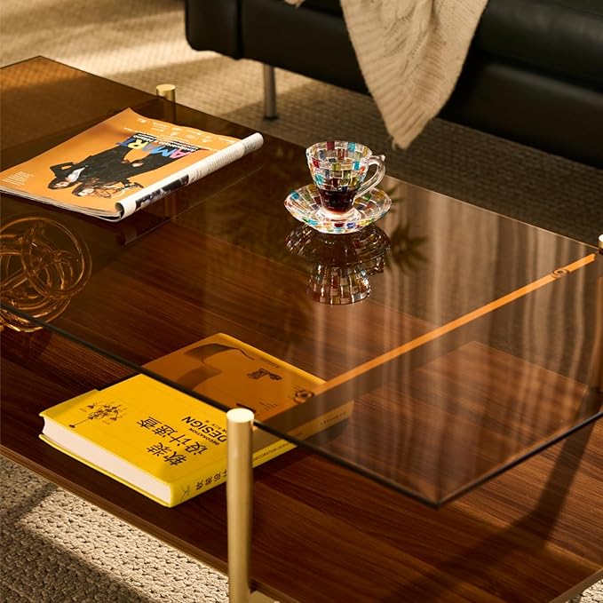 Saint Mossi Tadio X-Large Glass Coffee Table, Double Layer Glass Coffee Table for Living Room, Brown Glass & Coffee Brown MDF Bottom Shelf