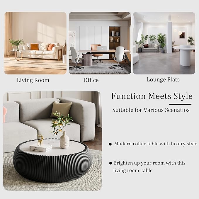 27.55" Black Round Coffee Table, Drum Coffee Table with Sintered Stone Tabletop and Fluted PU Leather Covered and Stable Base, Circle Cocktail Tea Table for Living Room