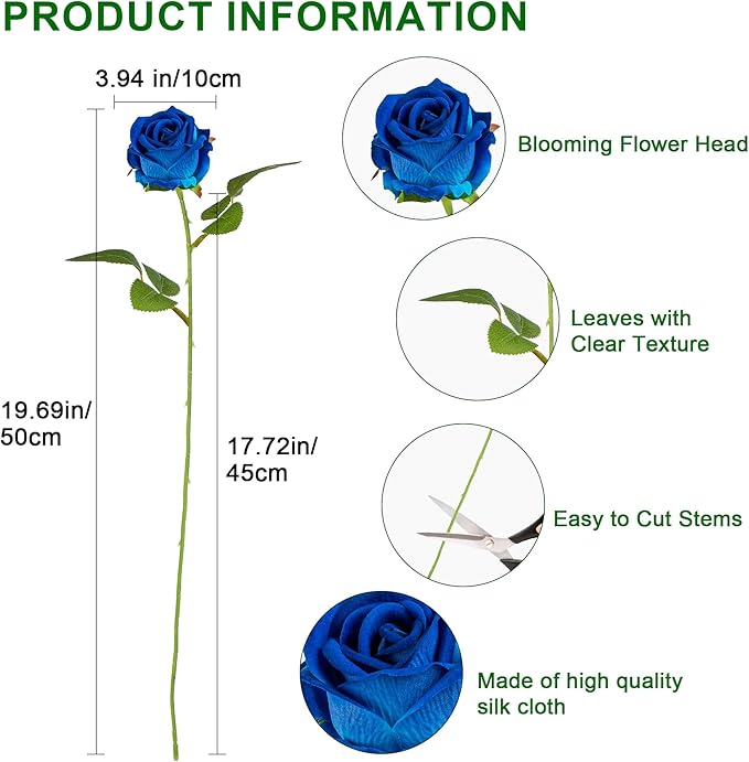 Artificial Flowers Roses Touch Fake Rose Bouquet Flower Stem for Wedding Centerpieces DIY Wreath Home Decorations Silk Roses Mothers Party Fake Outdoor Flowers Decor 19.6"(50PCS Blue)