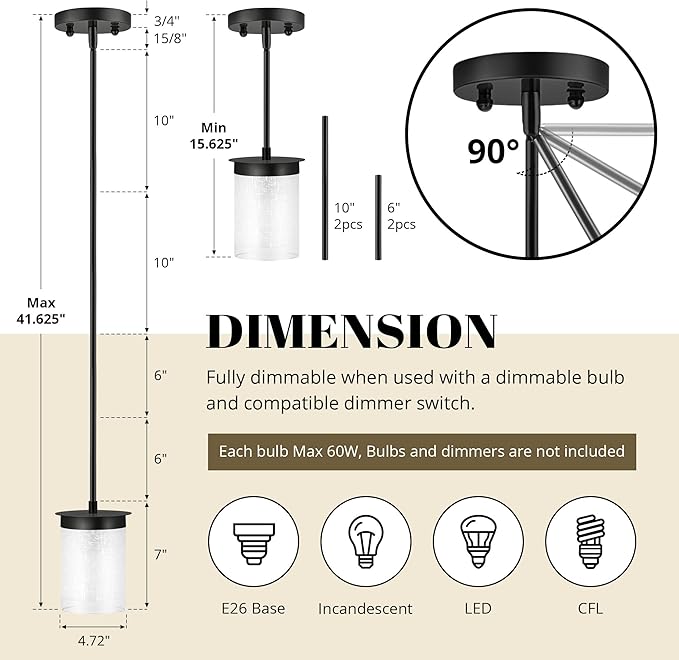 Modern Pendant Light Glass Shade, Kitchen Island Pendant Lighting with Glass Shade for Dining Room,Bedroom, Bar,Office,Farmhouse Black,1Pack-4.72 Inch Shade 40 Inch Cord