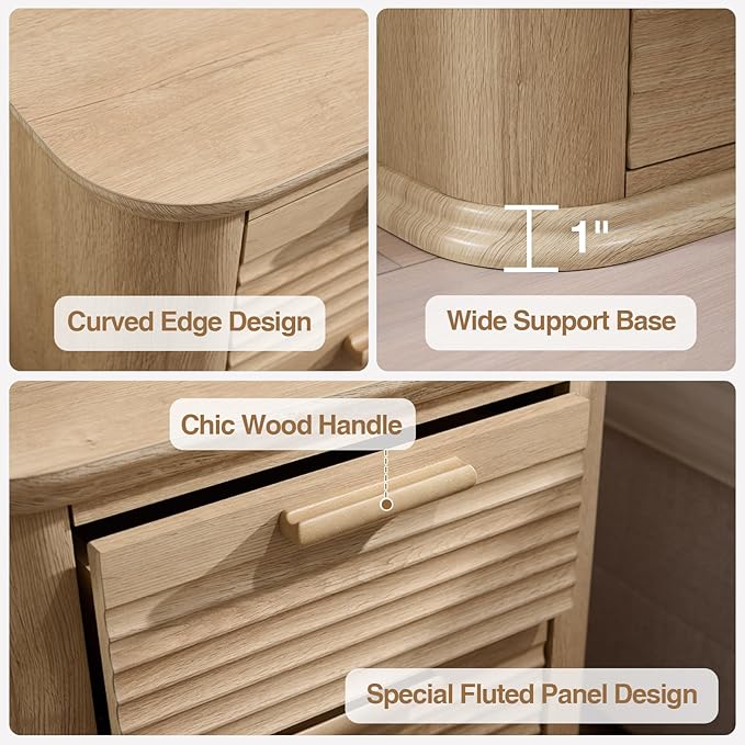 Okvnbjk 22" Wide Fluted Nightstand with Charging Station, Modern End Table for Living Room, Bedroom, Home Office, Wood Curved 3 Drawer Dresser, Large Bedside Tables, Oak