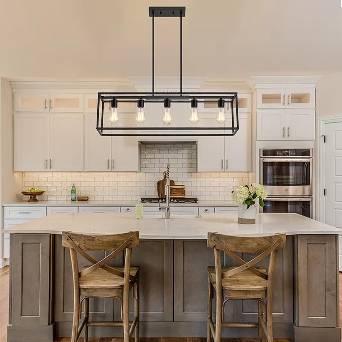 5-Light Dining Room Light Fixture,Black Farmhouse Kitchen Island Lighting,Rustic Pendant Light Over Table with Adjustable Rods,Modern Linear Chandeliers for Dining Room Kitchen Island
