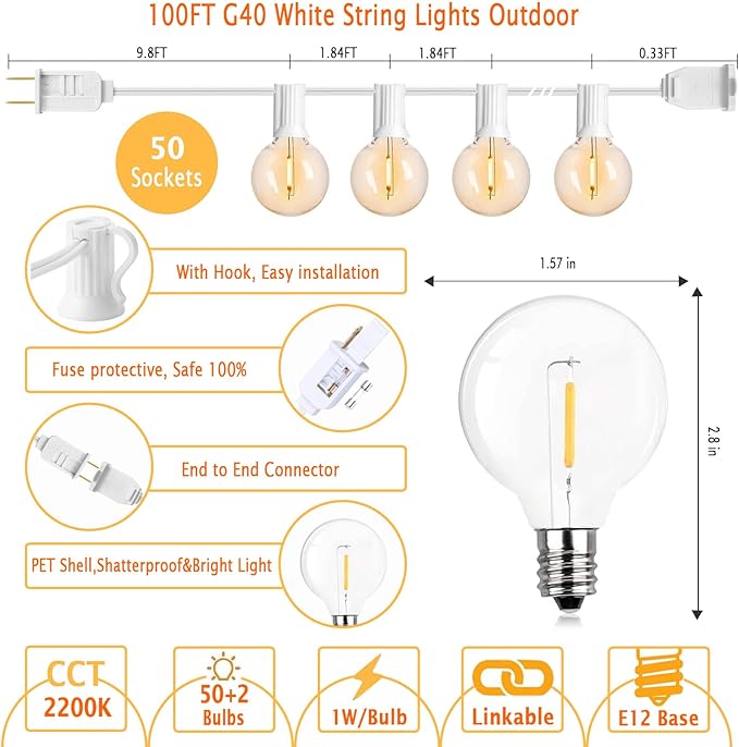 G40 LED Outdoor String Lights White 100FT Patio Lights with 52 Shatterproof Edison Bulb, White String Lights Waterproof Outside for Wedding,Proposal,Party,Anniversary